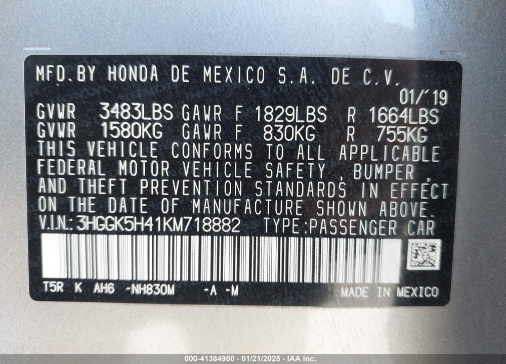 2019 HONDA FIT VIN: 3HGGK5H41KM718882