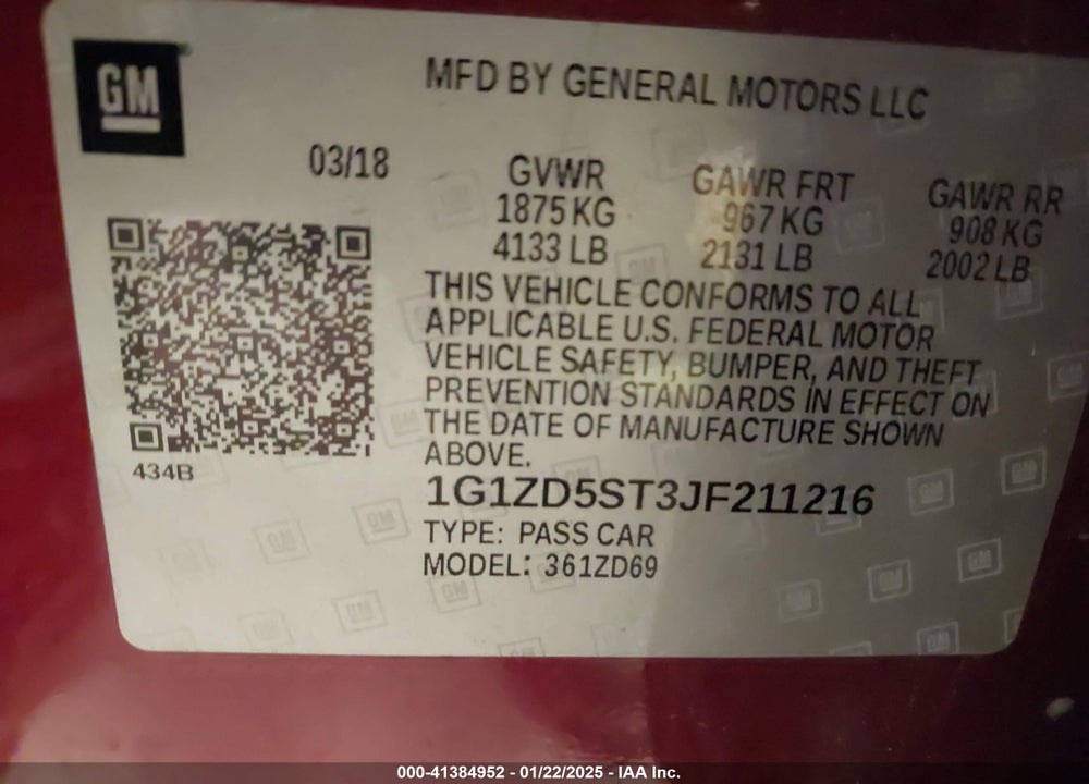 2018 CHEVROLET MALIBU VIN: 1G1ZD5ST3JF211216