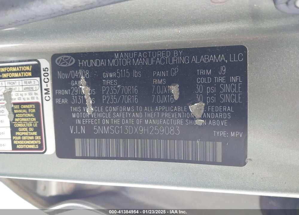 2009 HYUNDAI SANTA FE VIN: 5NMSG13DX9H259083