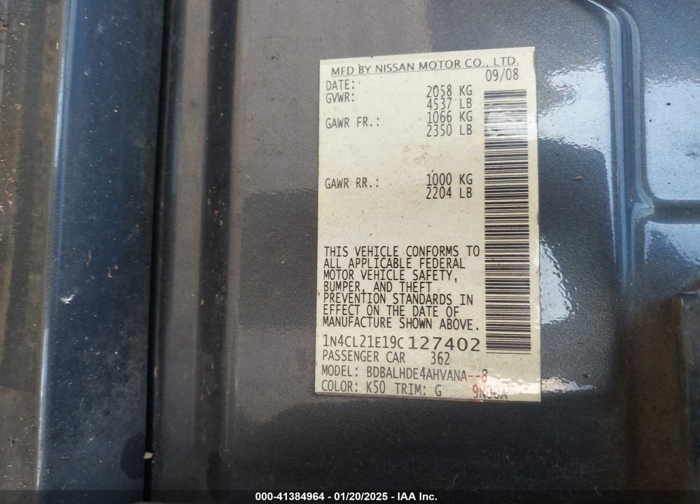 2009 NISSAN ALTIMA HYBRID VIN: 1N4CL21E19C127402