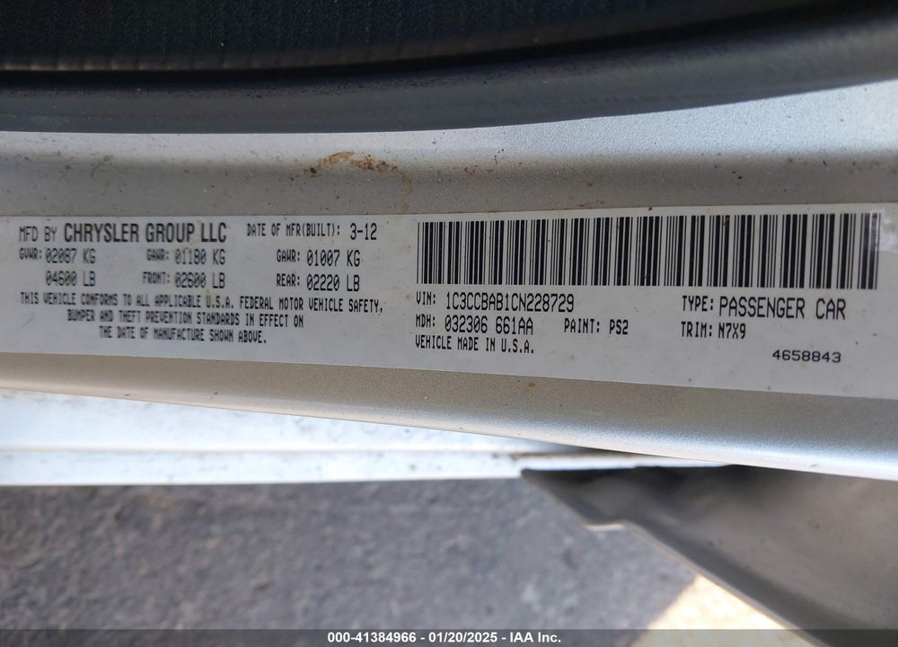 2012 CHRYSLER 200 LX VIN: 1C3CCBAB1CN228729