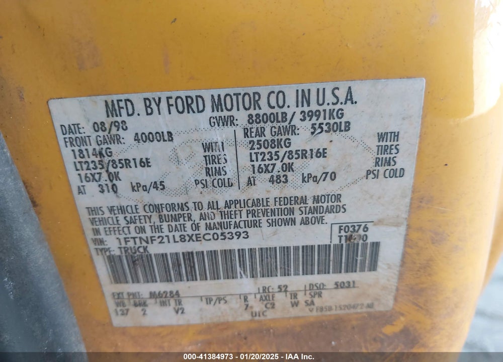 1999 FORD F-250 VIN: 1FTNF21L8XEC05393