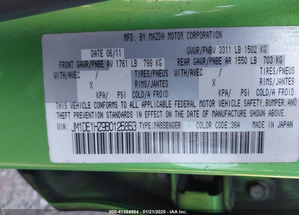 2011 MAZDA 2 SPORT VIN: JM1DE1HZ9B0125853