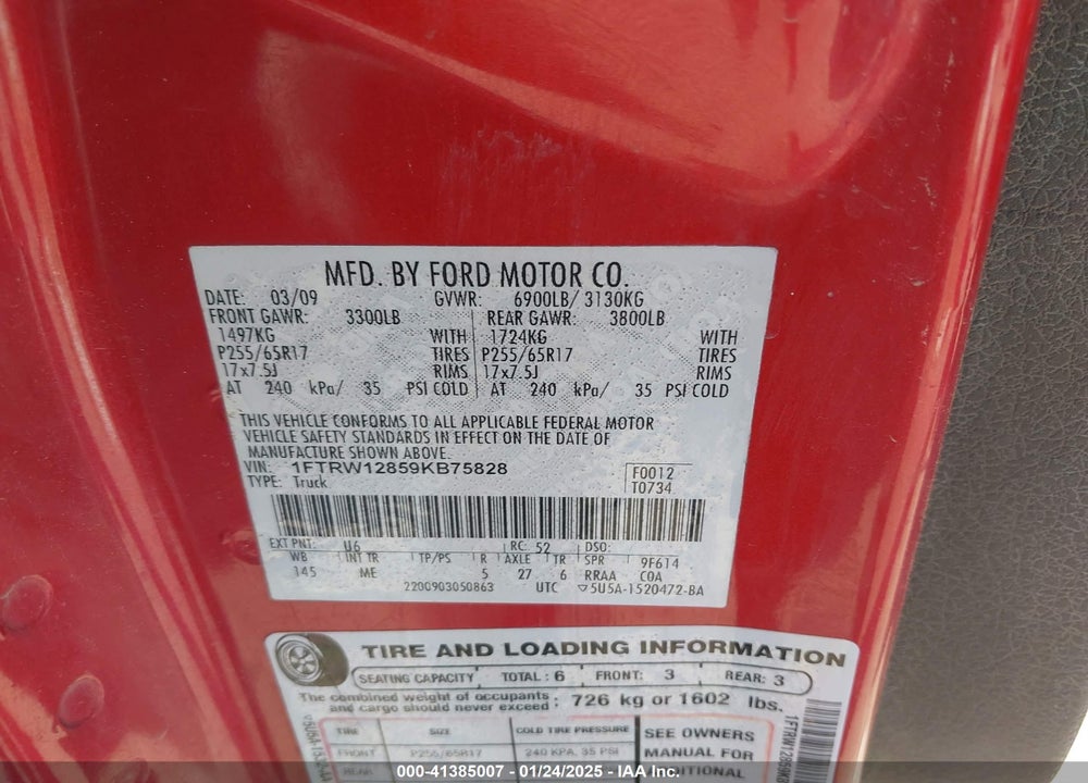 2009 FORD F-150 VIN: 1FTRW12859KB75828