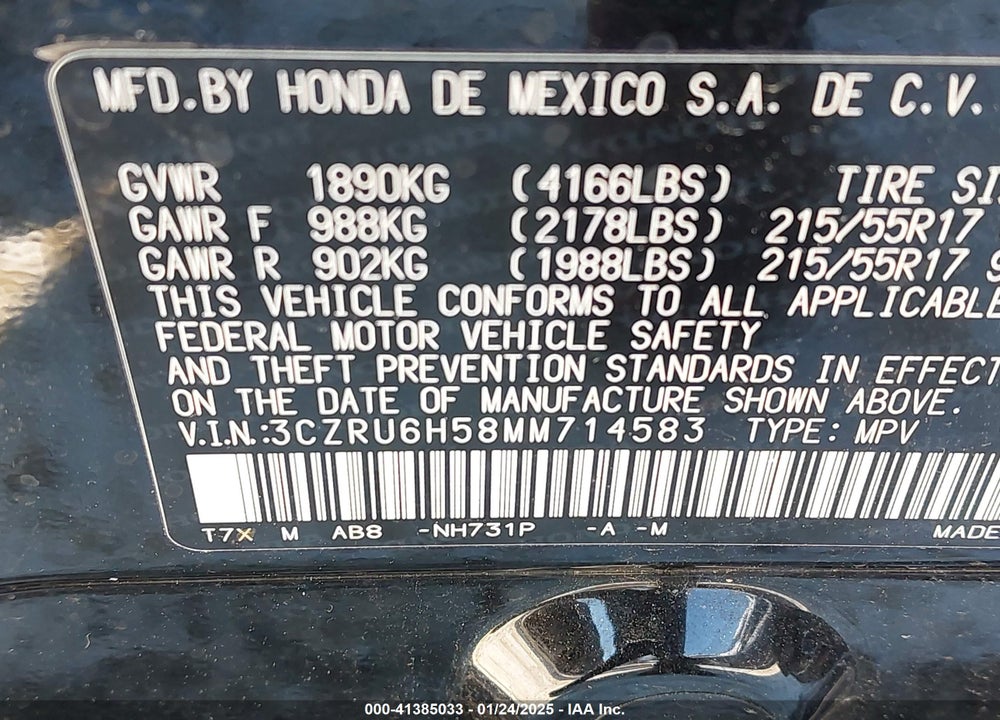 2021 HONDA HR-V AWD EX VIN: 3CZRU6H58MM714583