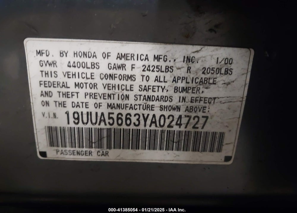 2000 ACURA TL 3.2 VIN: 19UUA5663YA024727