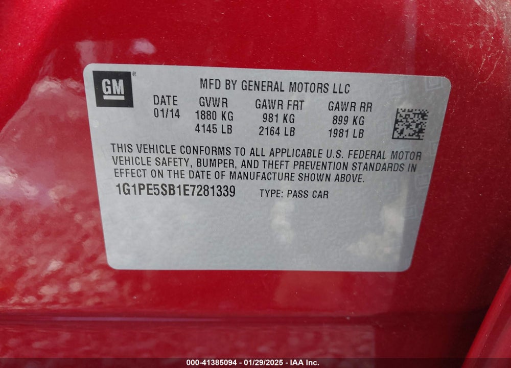2014 CHEVROLET CRUZE VIN: 1G1PE5SB1E7281339