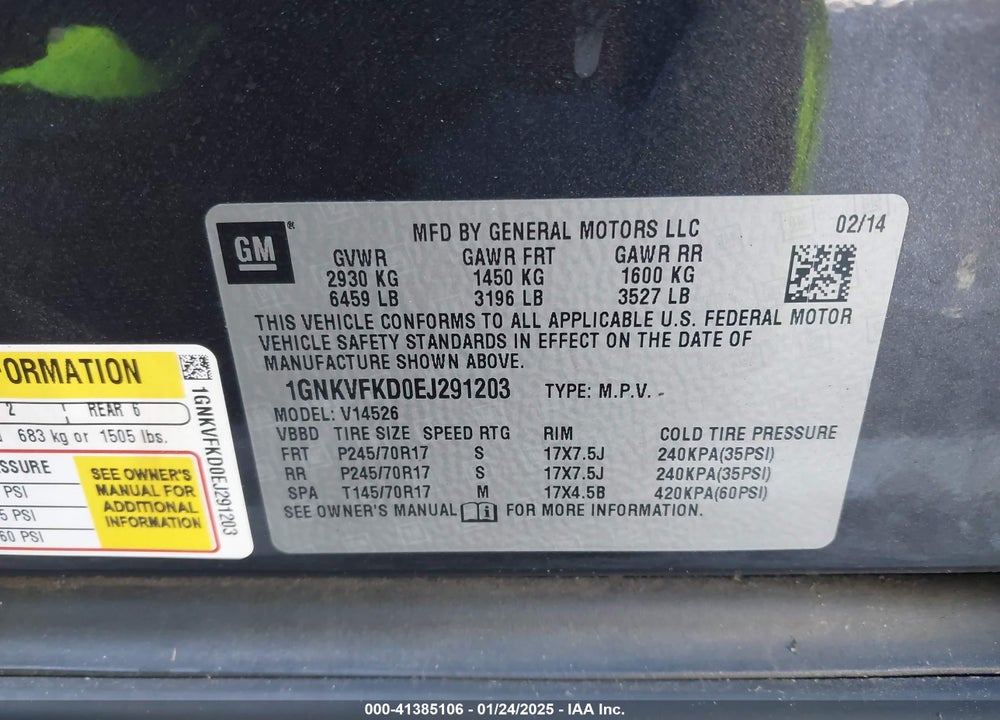 2014 CHEVROLET TRAVERSE LS VIN: 1GNKVFKD0EJ291203