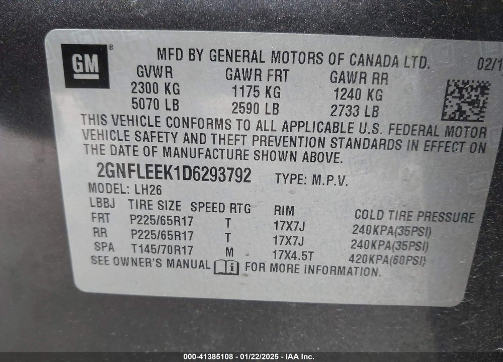2013 CHEVROLET EQUINOX 1LT VIN: 2GNFLEEK1D6293792