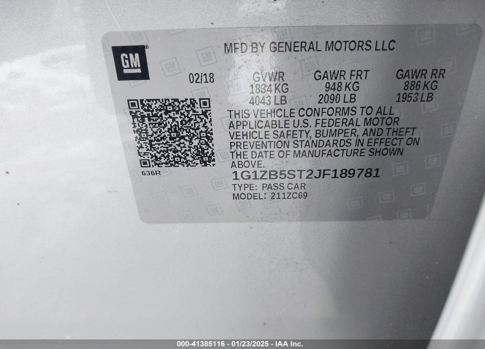 2018 CHEVROLET MALIBU VIN: 1G1ZB5ST2JF189781