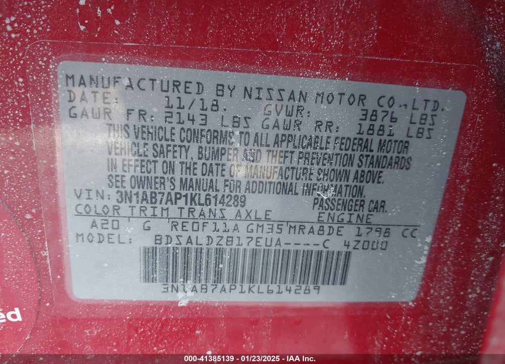 2019 NISSAN SENTRA VIN: 3N1AB7AP1KL614289