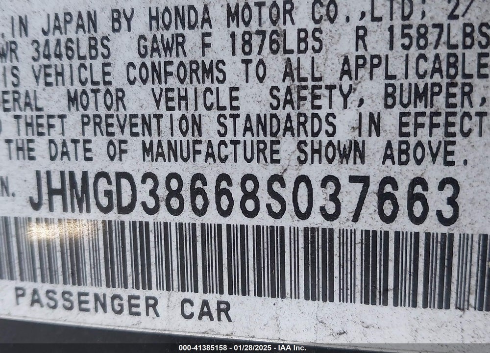 2008 HONDA FIT VIN: JHMGD38668S037663