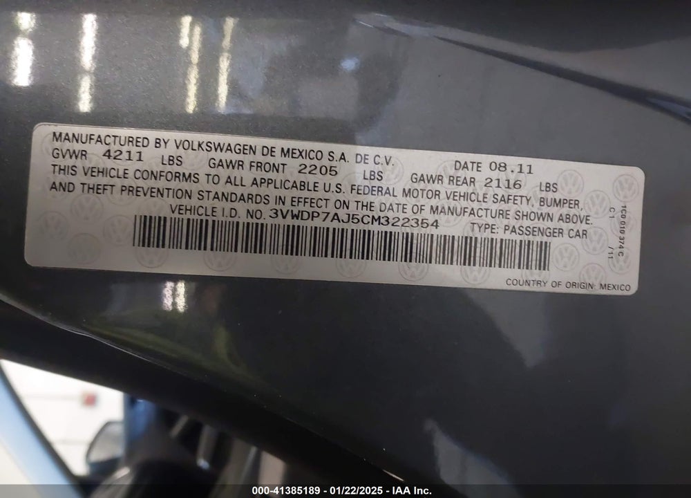 2012 VOLKSWAGEN JETTA VIN: 3VWDP7AJ5CM322354