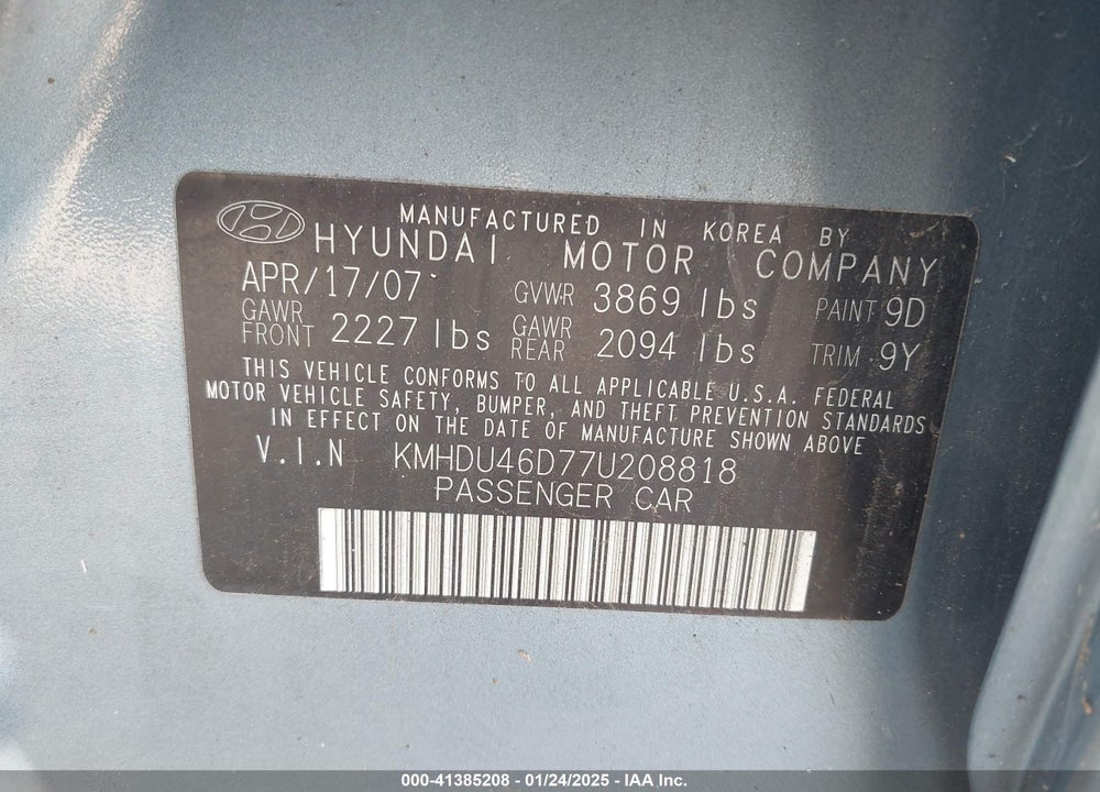 2007 HYUNDAI ELANTRA VIN: KMHDU46D77U208818