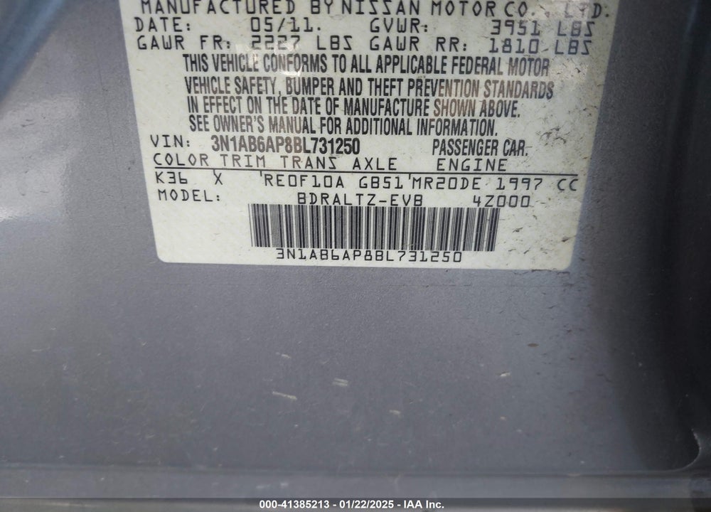 2011 NISSAN SENTRA VIN: 3N1AB6AP8BL731250