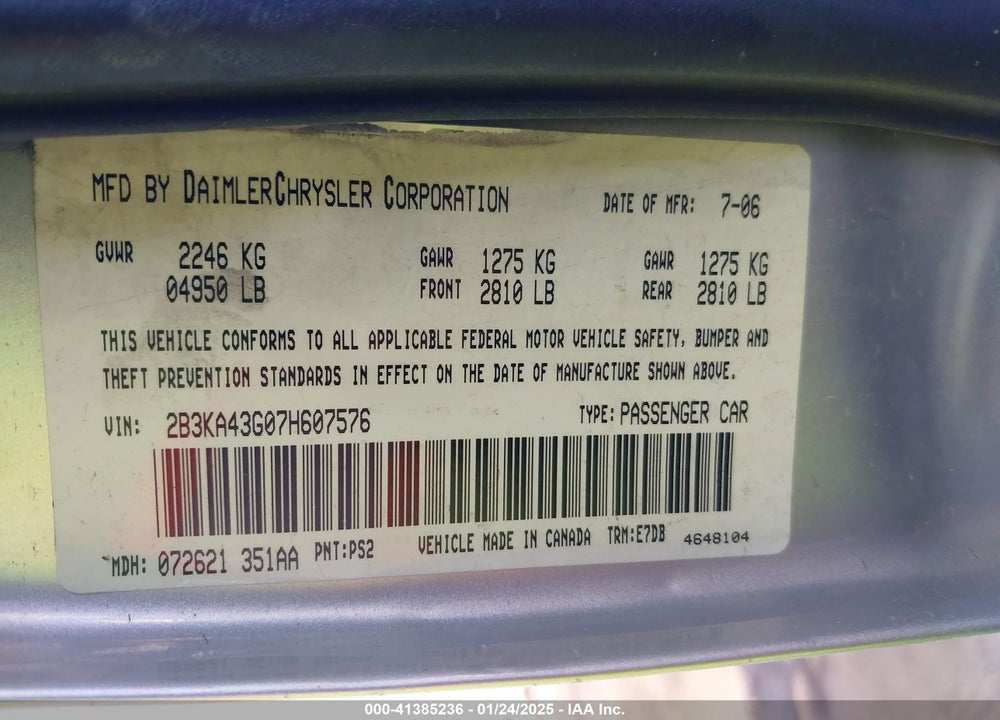 2007 DODGE CHARGER VIN: 2B3KA43G07H607576