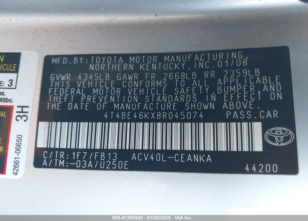 2008 TOYOTA CAMRY VIN: 4T4BE46KX8R045074