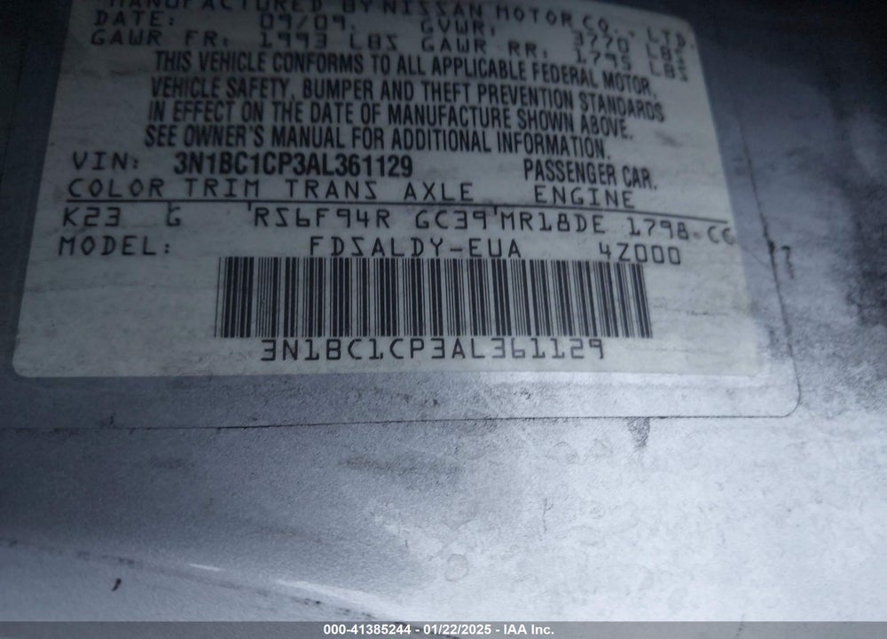 2010 NISSAN VERSA VIN: 3N1BC1CP3AL361129