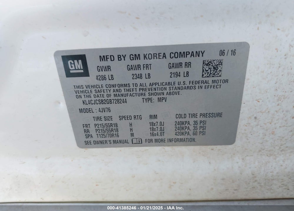 2016 BUICK ENCORE LEATHER VIN: KL4CJCSB2GB728244