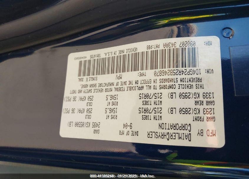 2005 DODGE GRAND CARAVAN SE VIN: 1D4GP24R25B246870