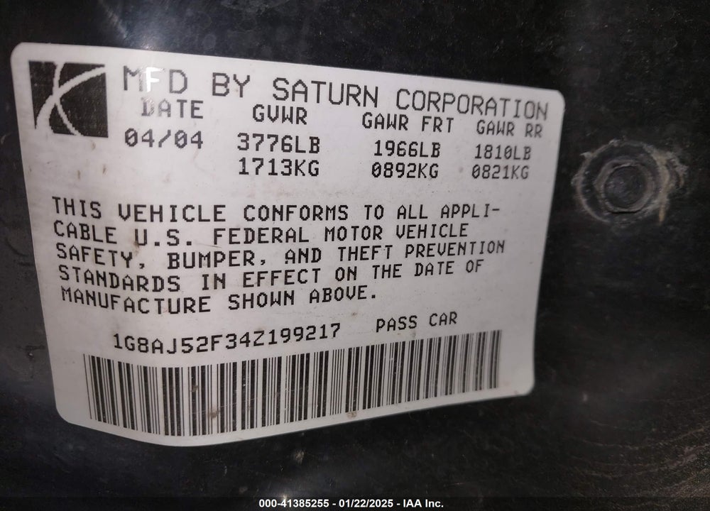 2004 SATURN ION 2 VIN: 1G8AJ52F34Z199217