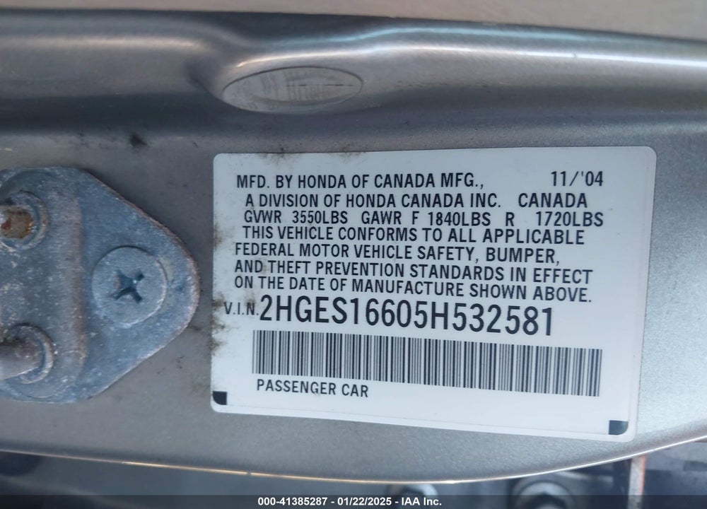 2005 HONDA CIVIC LX VIN: 2HGES16605H532581