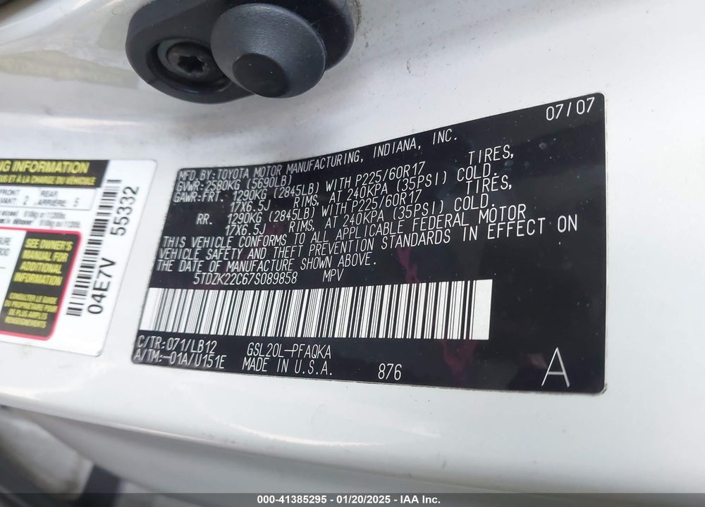 2007 TOYOTA SIENNA XLE VIN: 5TDZK22C67S089858