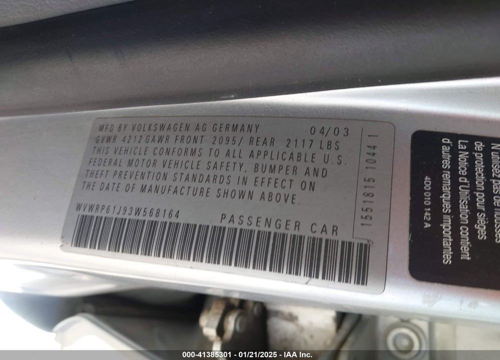 2003 VOLKSWAGEN JETTA GL TDI VIN: WVWRP61J93W568164