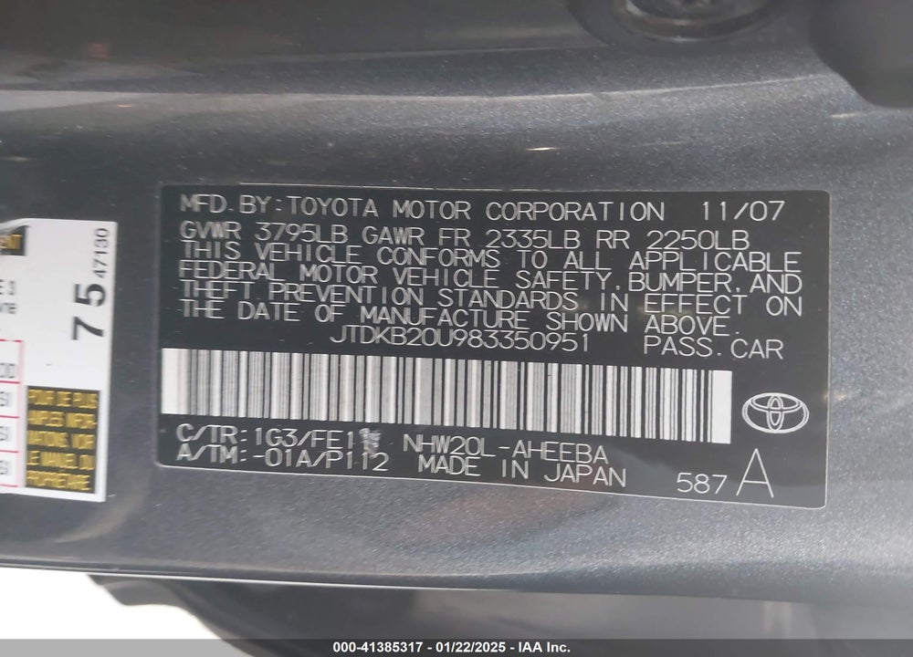 2008 TOYOTA PRIUS VIN: JTDKB20U983350951