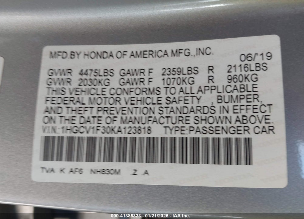 2019 HONDA ACCORD VIN: 1HGCV1F30KA123818