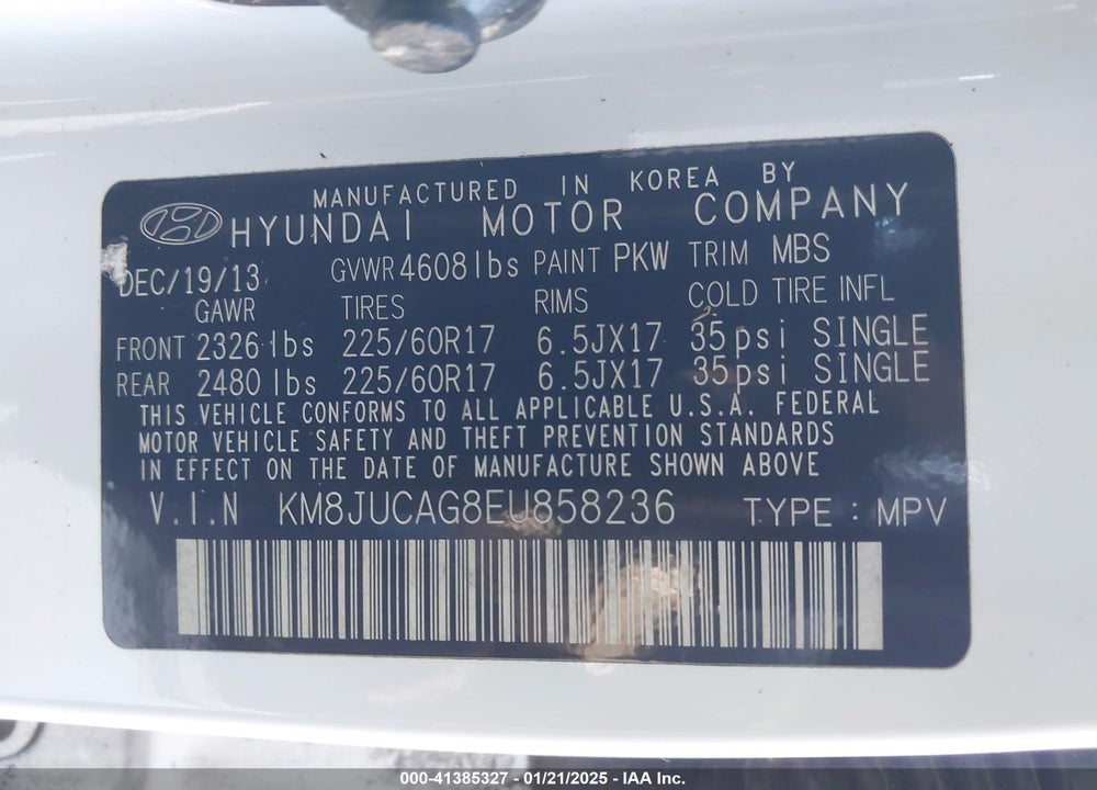 2014 HYUNDAI TUCSON SE VIN: KM8JUCAG8EU858236