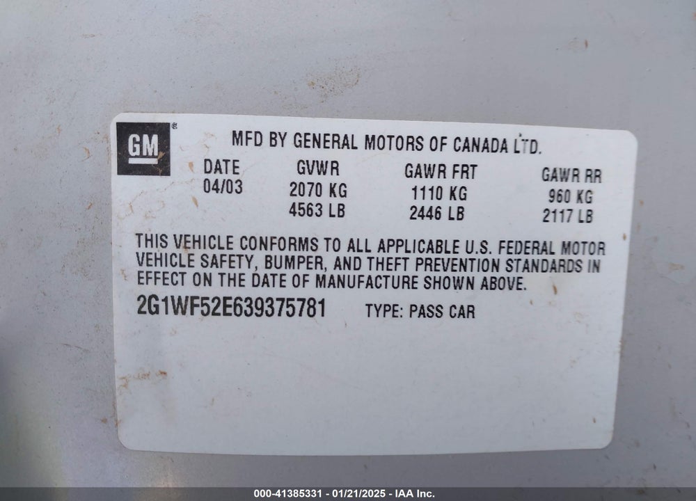 2003 CHEVROLET IMPALA VIN: 2G1WF52E639375781