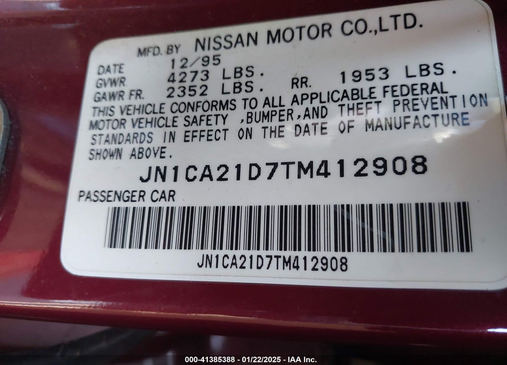 1996 NISSAN MAXIMA GLE/GXE/SE VIN: JN1CA21D7TM412908