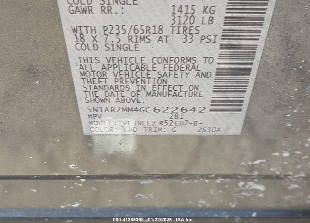 2016 NISSAN PATHFINDER VIN: 5N1AR2MM4GC622642