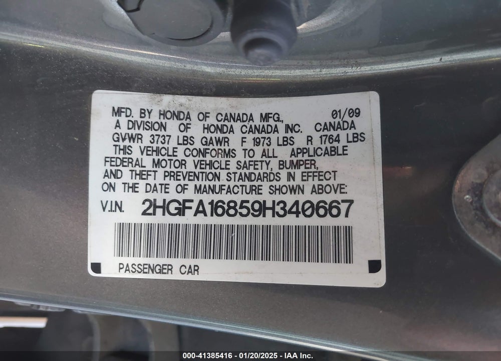 2009 HONDA CIVIC EX VIN: 2HGFA16859H340667