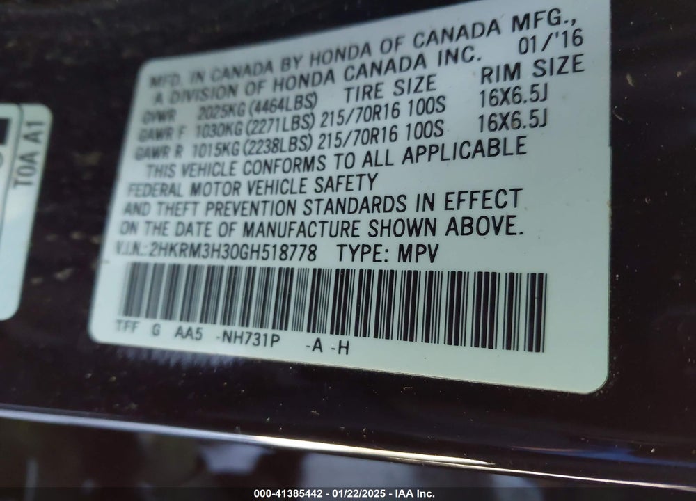 2016 HONDA CR-V VIN: 2HKRM3H30GH518778