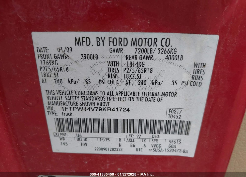 2009 FORD F-150 VIN: 1FTPW14V79KB41724
