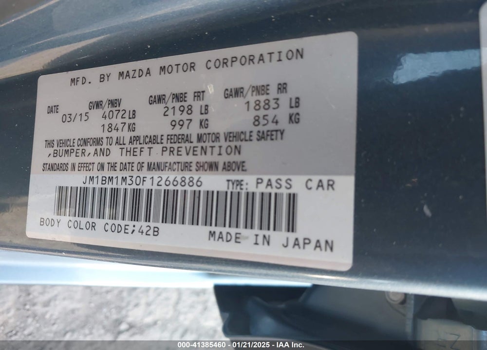 2015 MAZDA MAZDA3 VIN: JM1BM1M30F1266886
