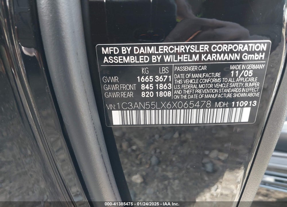2006 CHRYSLER CROSSFIRE VIN: 1C3AN55LX6X065478