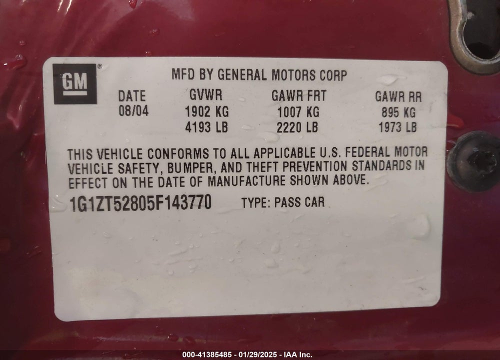 2005 CHEVROLET MALIBU LS VIN: 1G1ZT52805F143770