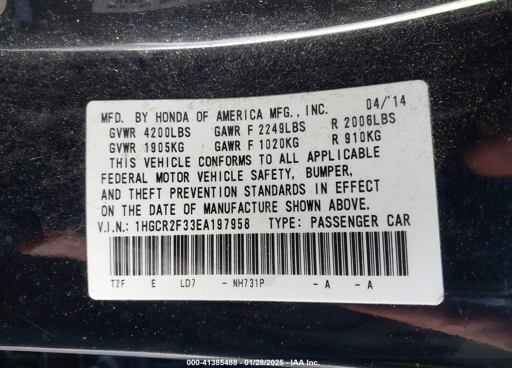 2014 HONDA ACCORD LX VIN: 1HGCR2F33EA197958