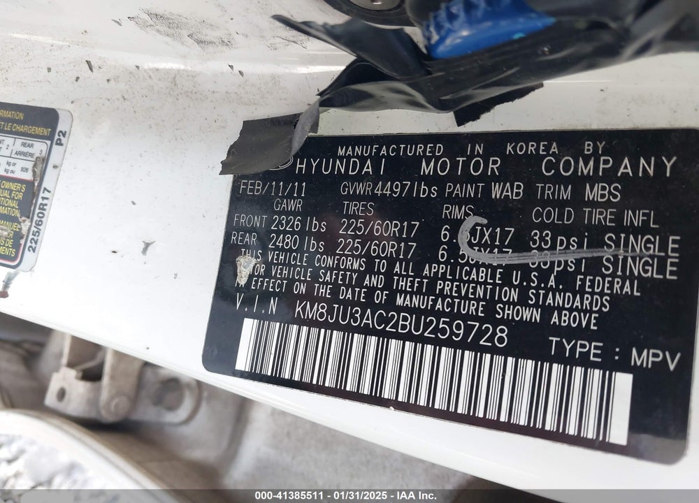2011 HYUNDAI TUCSON GLS VIN: KM8JU3AC2BU259728