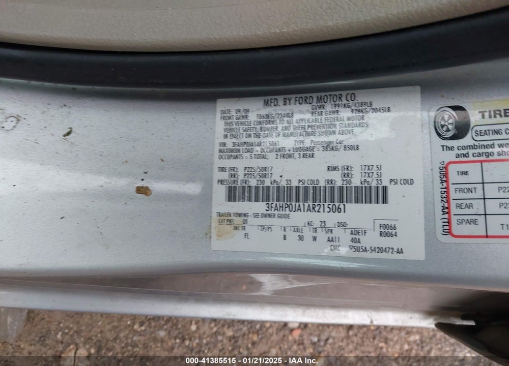 2010 FORD FUSION VIN: 3FAHP0JA1AR215061