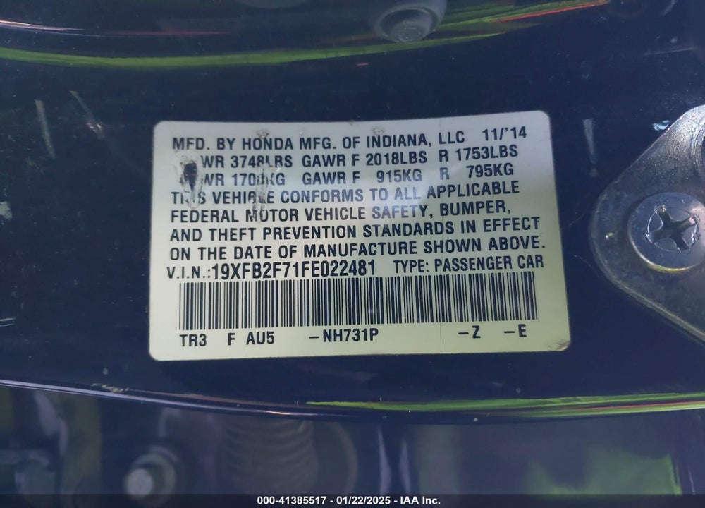 2015 HONDA CIVIC VIN: 19XFB2F71FE022481