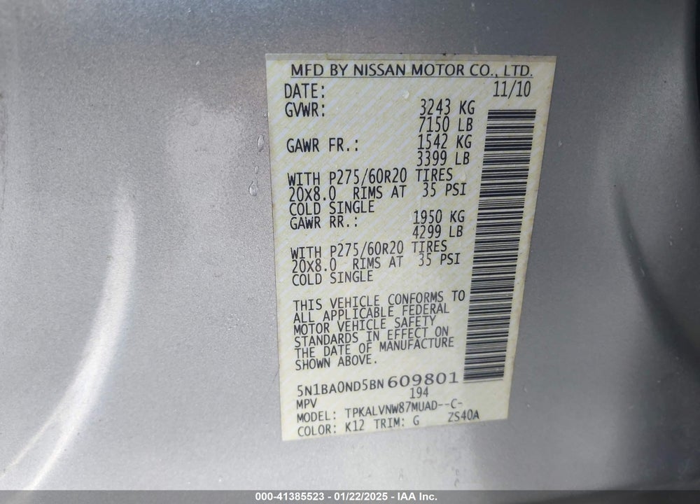 2011 NISSAN ARMADA SL VIN: 5N1BA0ND5BN609801