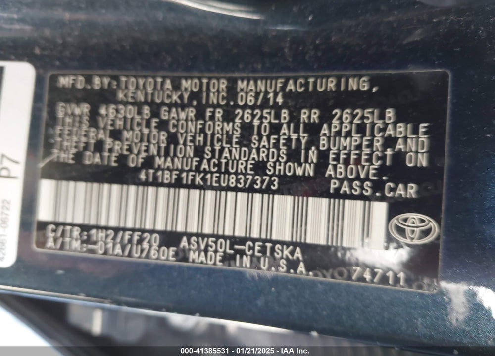 2014 TOYOTA CAMRY SE VIN: 4T1BF1FK1EU837373