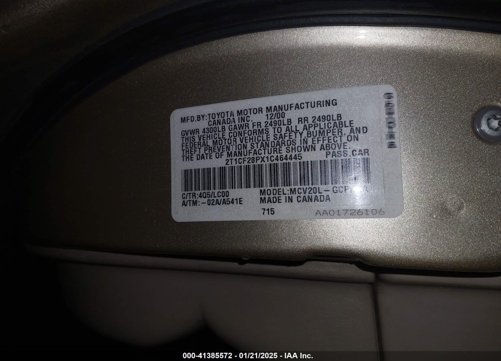 2001 TOYOTA CAMRY SOLARA SLE V6 VIN: 2T1CF28PX1C464445