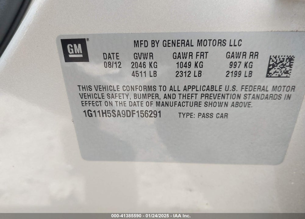 2013 CHEVROLET MALIBU VIN: 1G11H5SA9DF156291