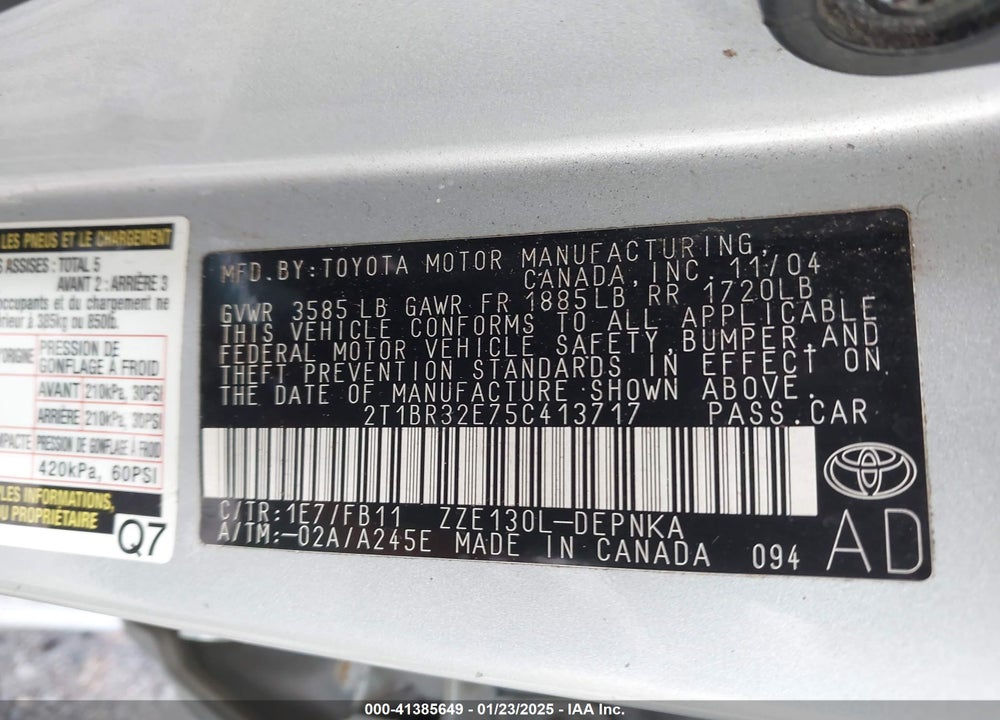 2005 TOYOTA COROLLA LE VIN: 2T1BR32E75C413717