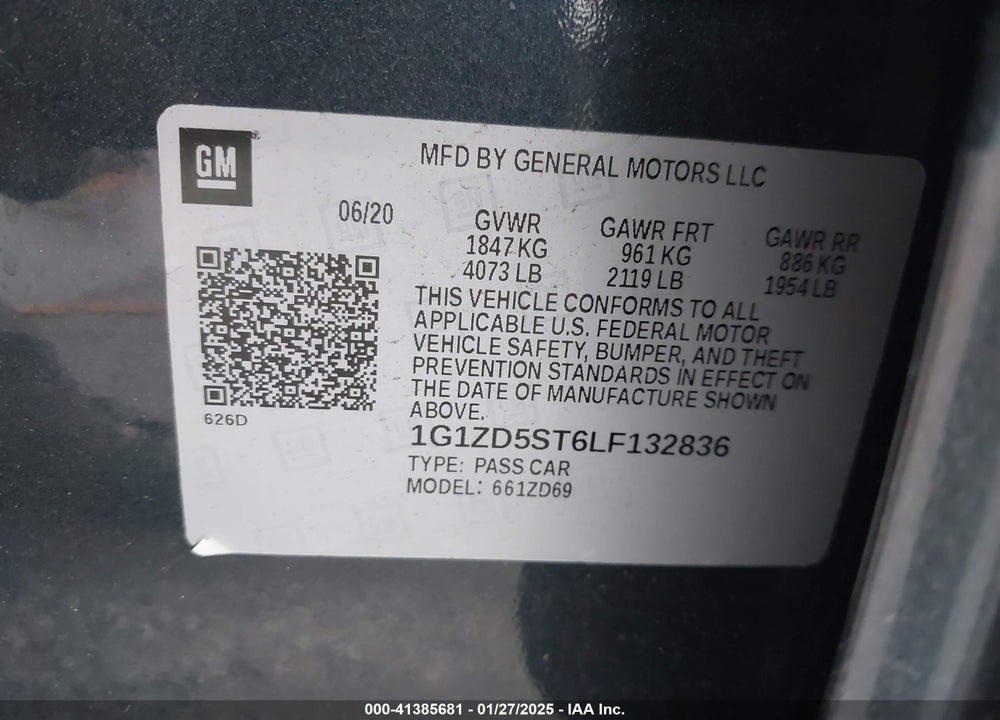 2020 CHEVROLET MALIBU VIN: 1G1ZD5ST6LF132836
